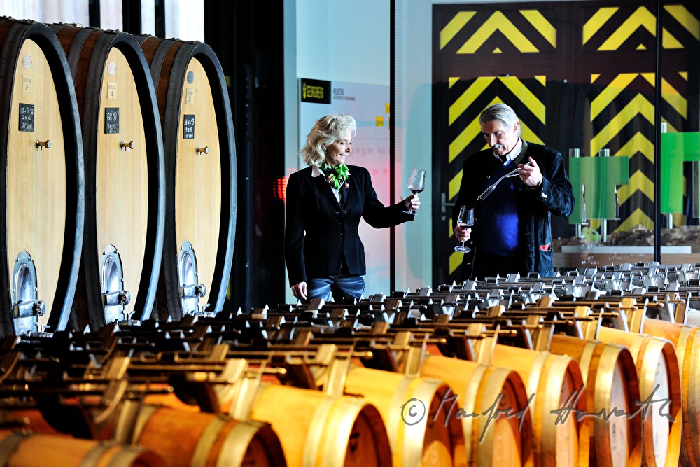 Nora and Christian Trierenberg in the wine cellar of their wine estate