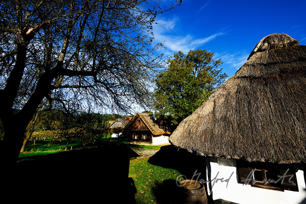 mud-walled wine cellars with tatched roofs