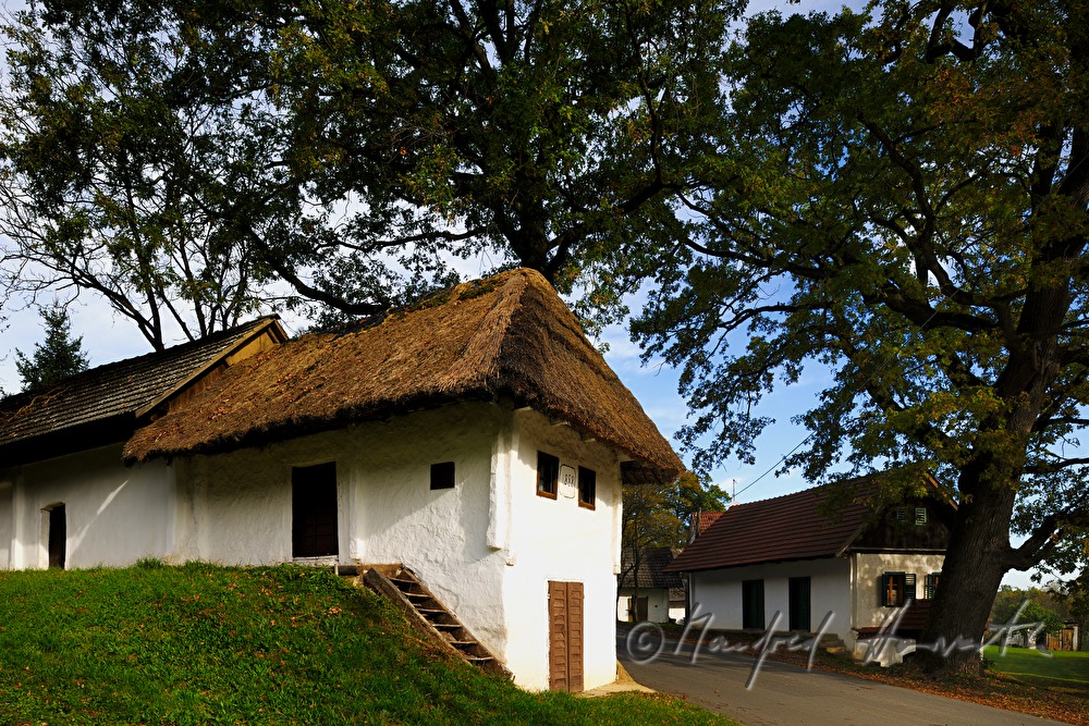 mud-walled wine cellars with tatched roofs