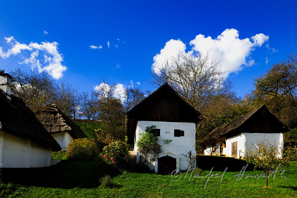 wine cellars with thatched roofs in the quarter of the wine cellars