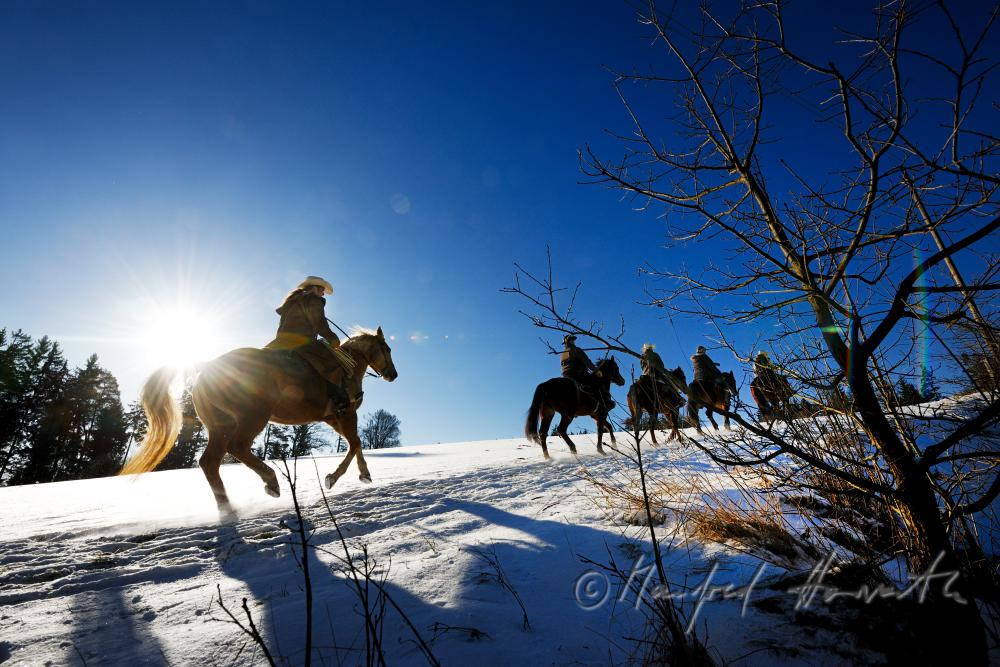 group of western riders cross a field