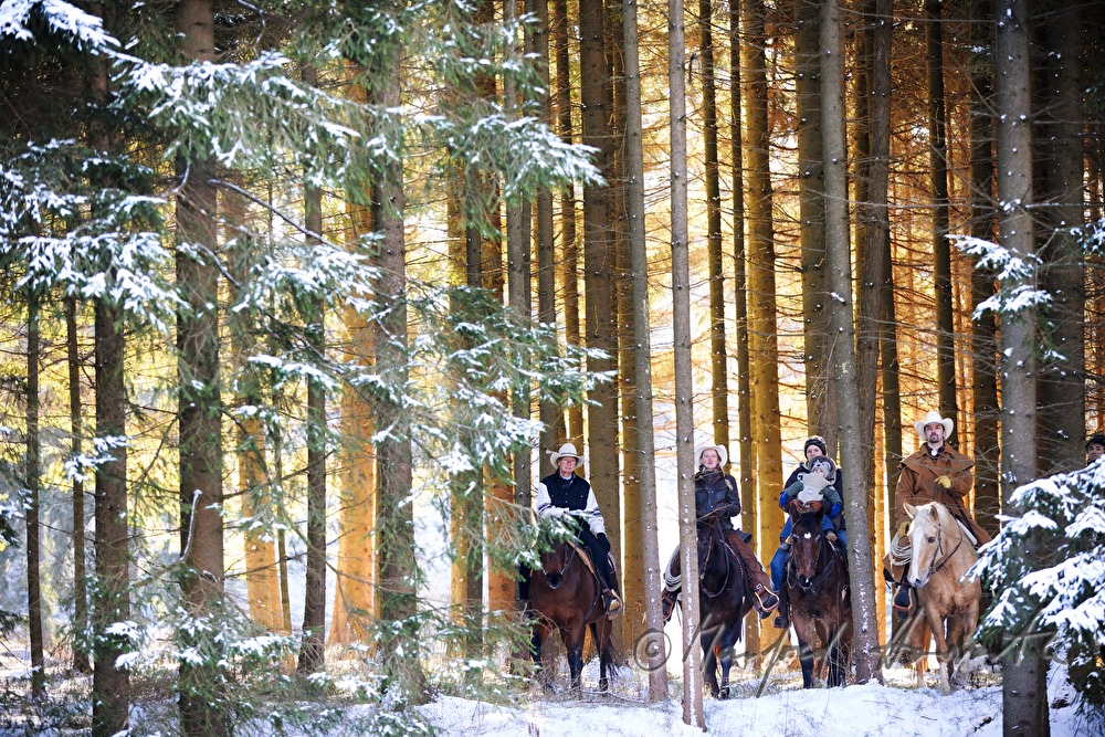 group of western riders in a forest