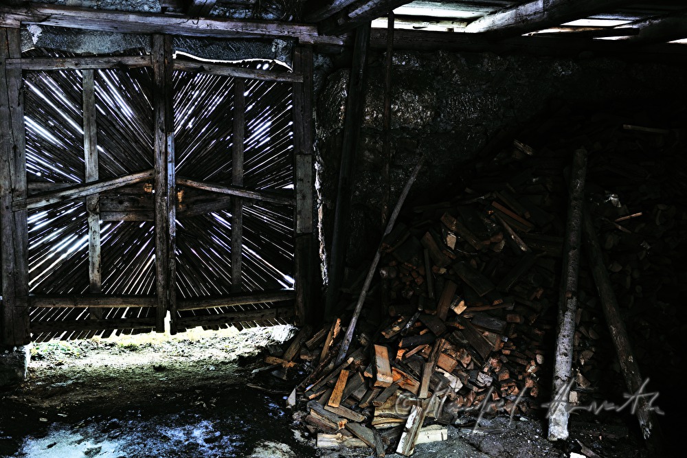 wooden gate of the barn and pile of fire wood