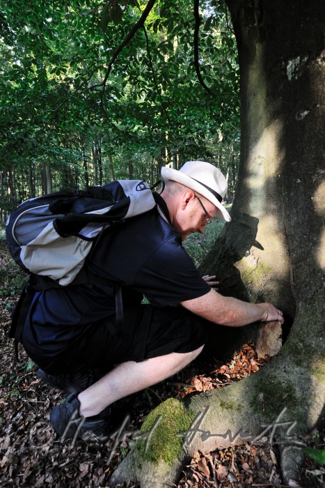 geocacher at the place of finding the geocache