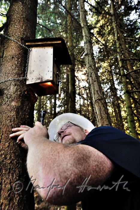 geocacher at the place of finding the geocache
