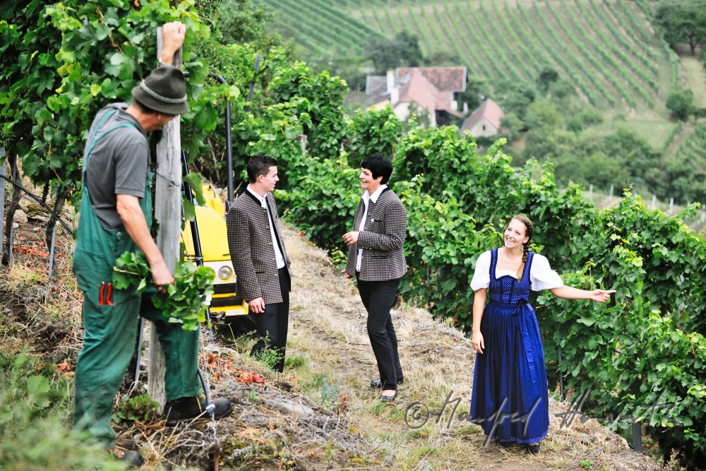 promenaders in typical clothes gossipping with a wine maker