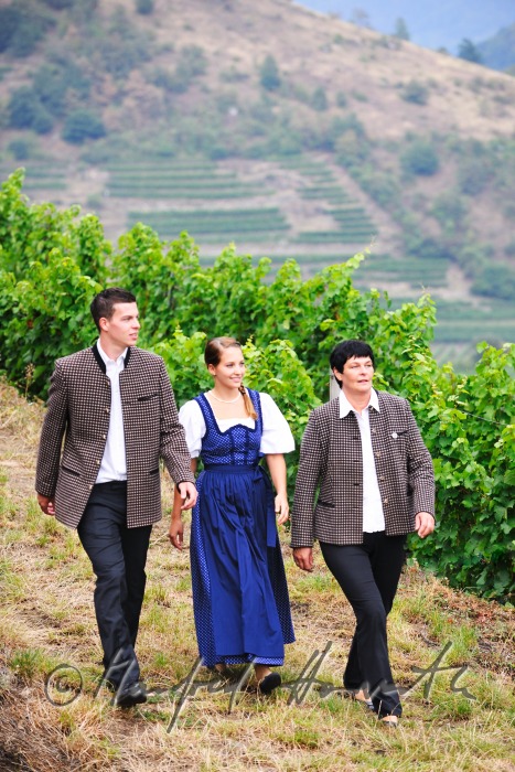 promenaders in typical clothes strolling in the vineyards