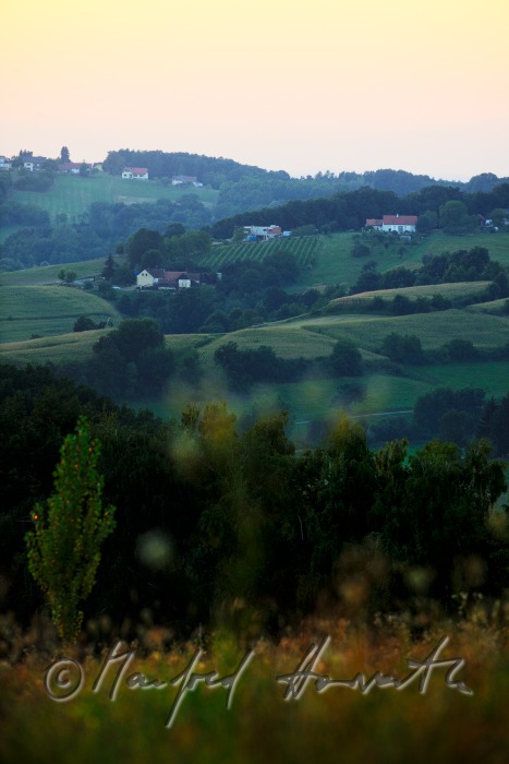 typical hilly landscape with scattered small farm houses
