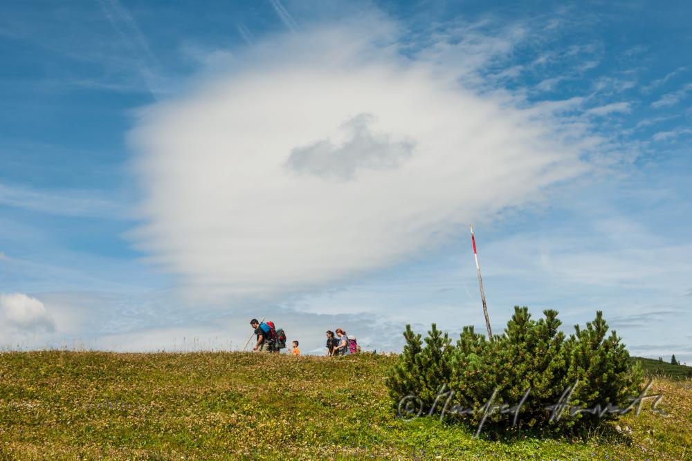 hikers crossing a ridge with a single dwarf pine