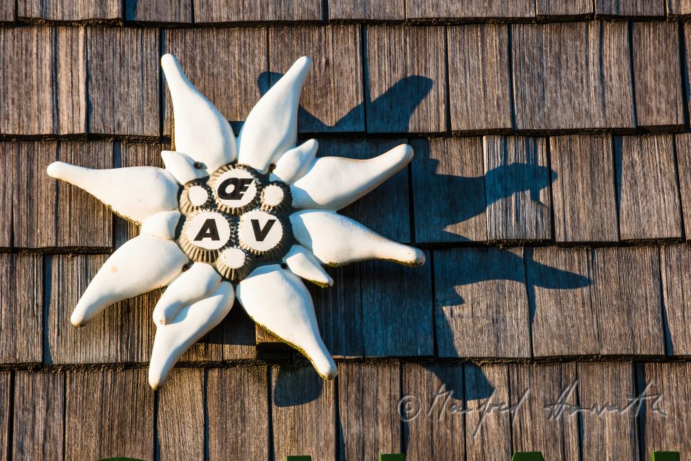 sculpture of Edelweiss on the fassade of an alpine hut