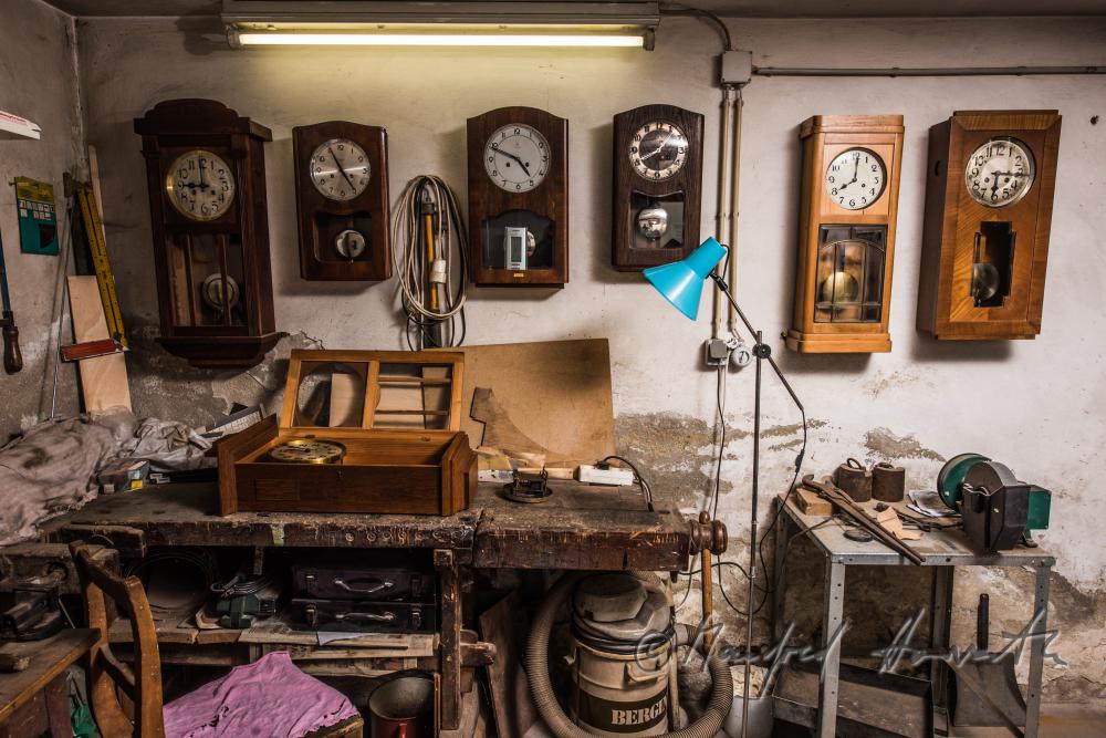 hobby horse clock workshop in a farm house