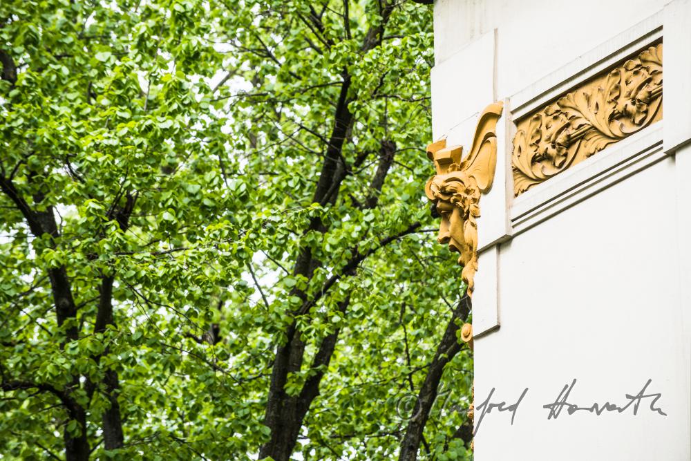 detail of an art deco villa in a private garden
