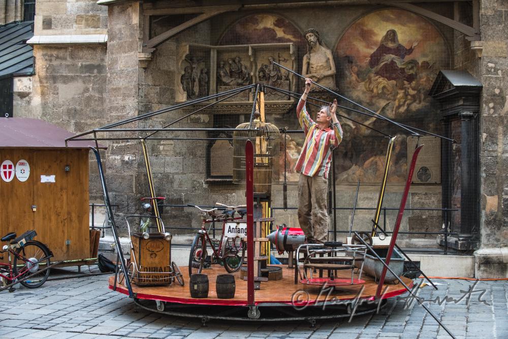 building up a merry-go-around made of recycling parts
