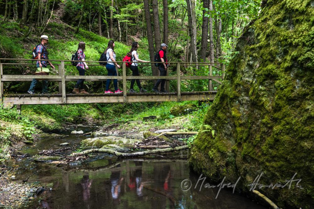 hikers crossing a bridge over the Kaja stream