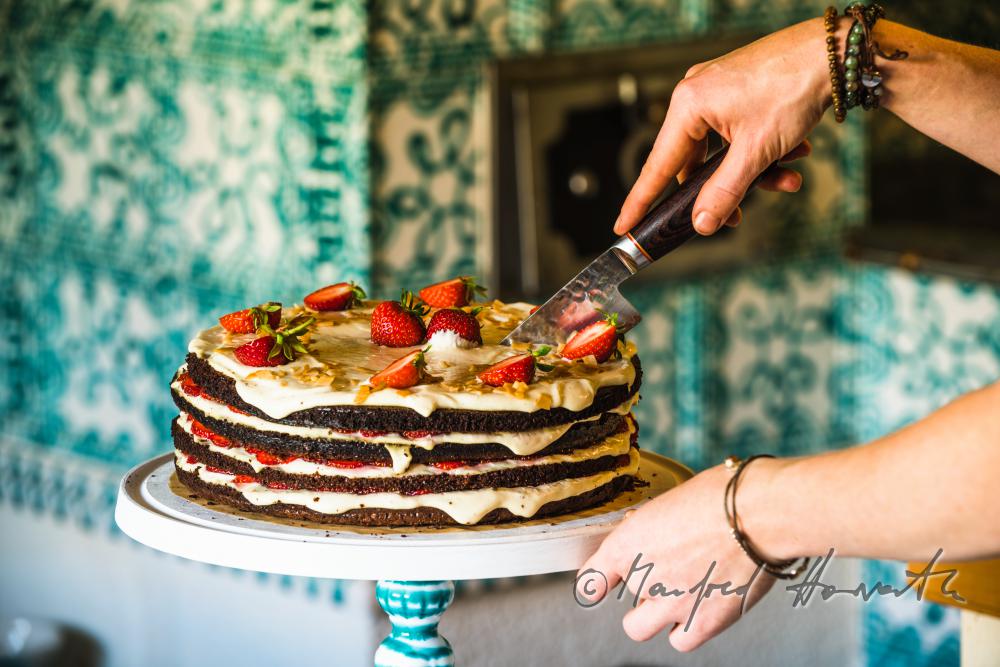 strawberry-chocolate torte with self grown strawberries