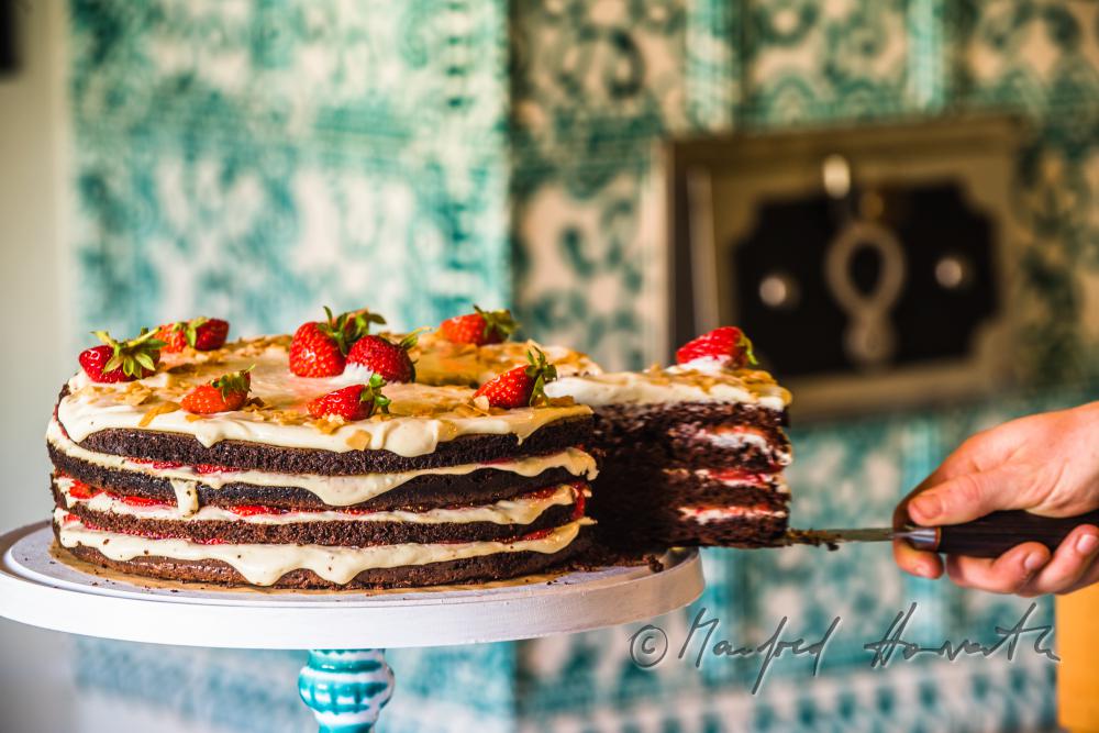 strawberry-chocolate torte with self grown strawberries