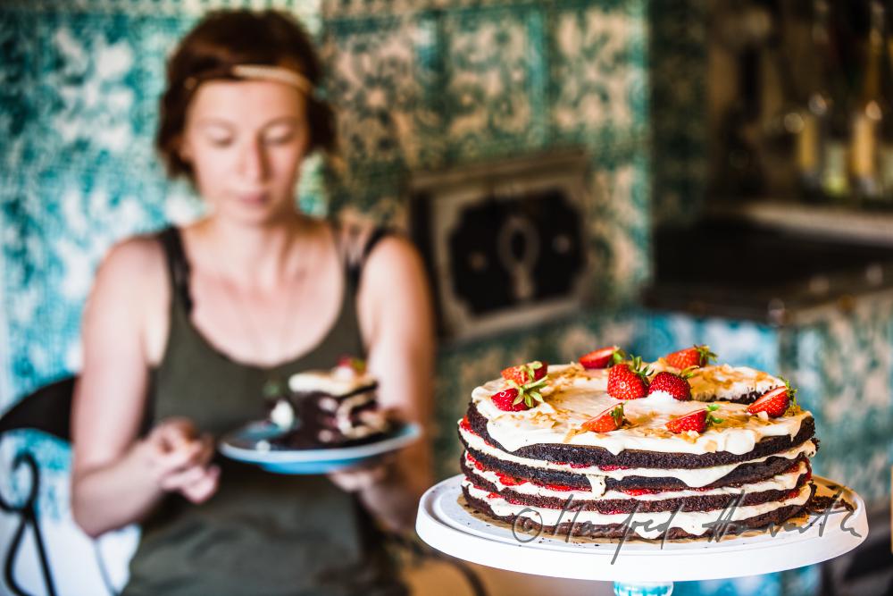 strawberry-chocolate torte with self grown strawberries