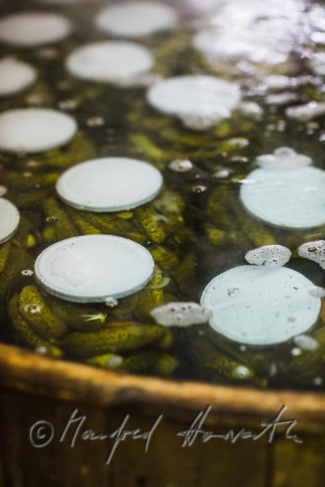 pasteurizing of cucumbers in a big wooden vat