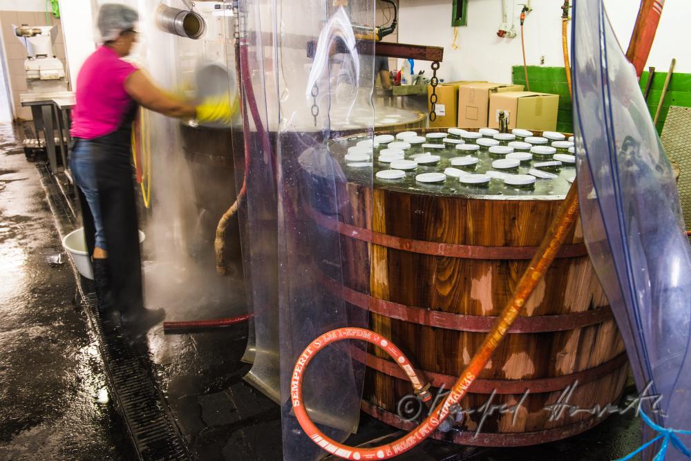 pasteurizing of cucumbers in a big wooden vat