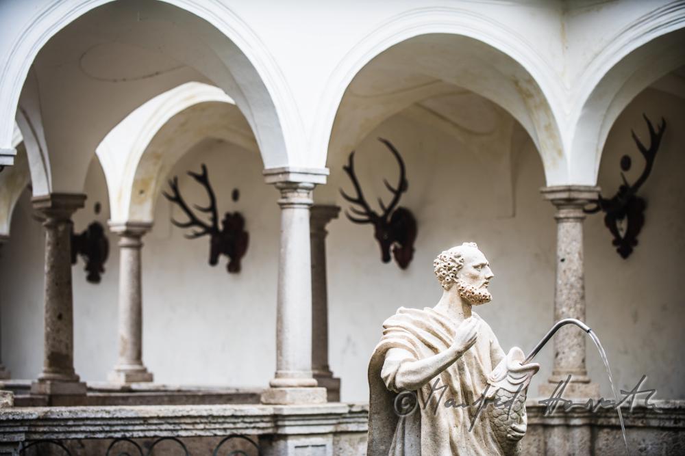 baroque statue of Saint Peter at the fish tank