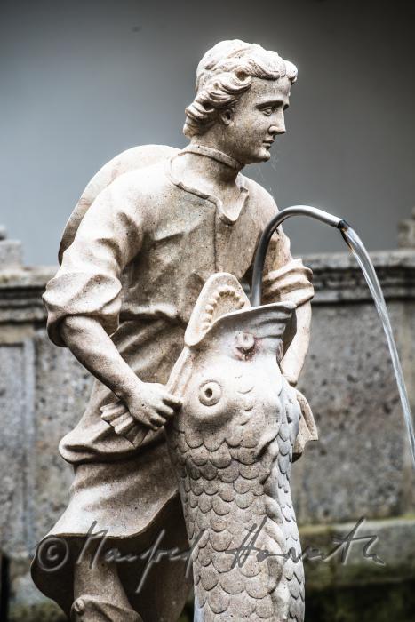 baroque statue of David at the fish tank