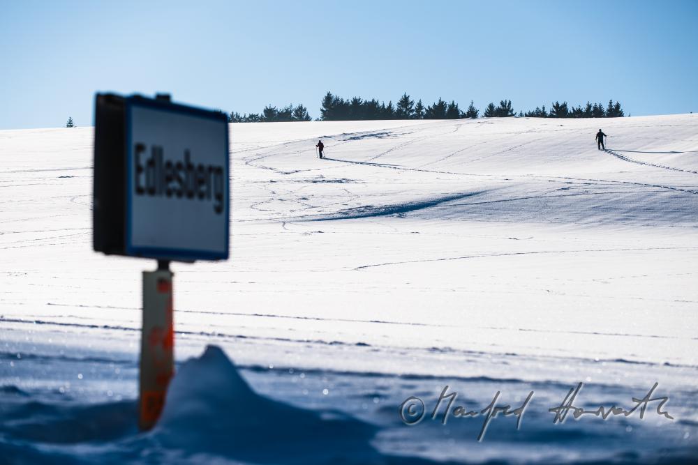cross-country skiers passing an expanse landscape