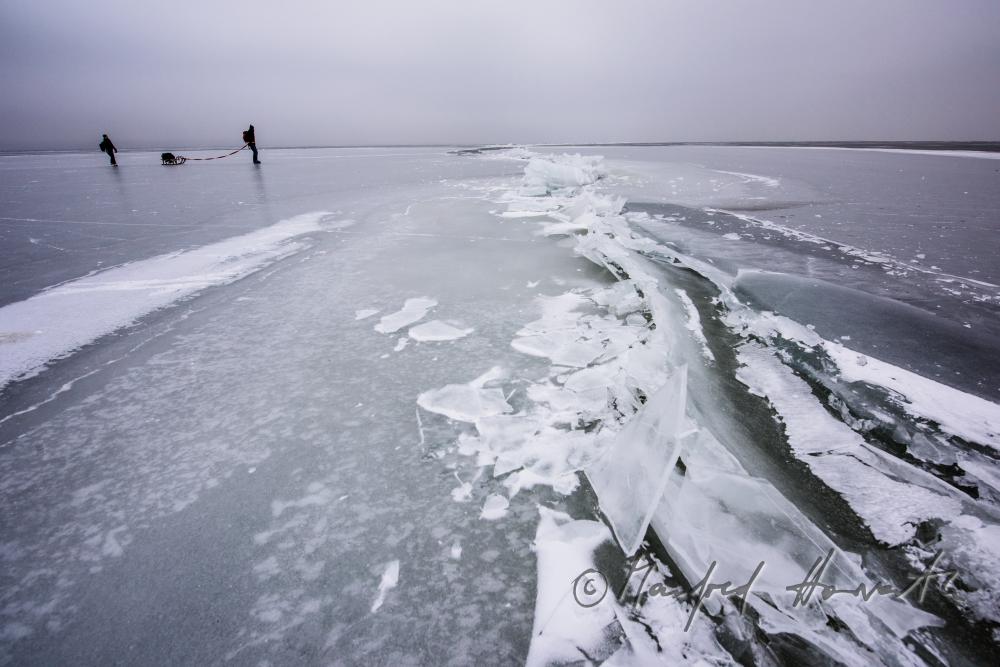 ice skaters with a slade near an ice jam