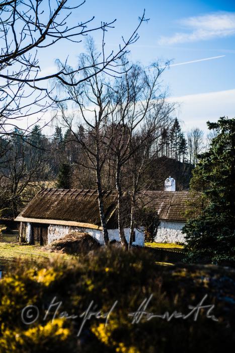 farmhouse with clay plaster and thatched roof