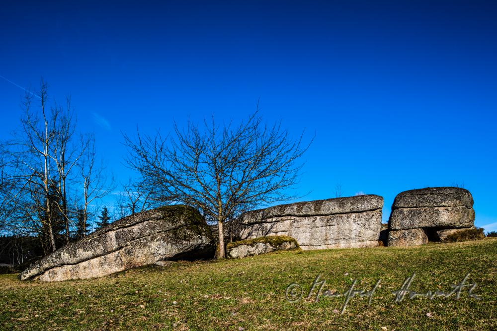 granite boulders in a meadow near a forest